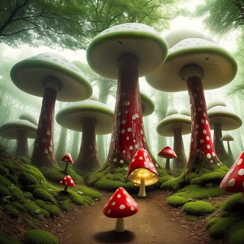 group of mushrooms in a forest with mossy ground and trees in the background