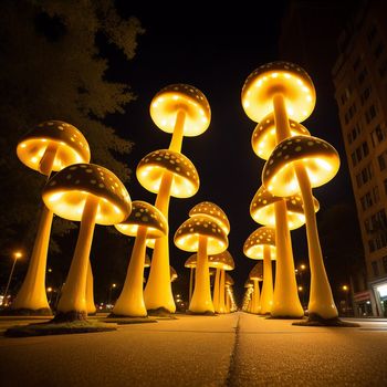 group of mushrooms that are lit up in the night sky with lights on them and a building in the background