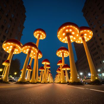 group of lights that are on the side of a road in the night time with a car parked in front of them