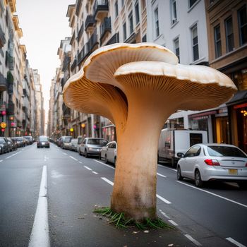 mushroom on the side of a road in a city with cars parked on the side of the road