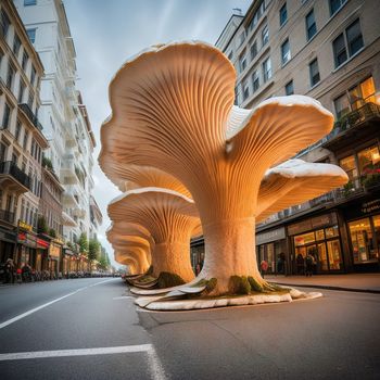 group of mushrooms sitting on the side of a road next to tall buildings and a street sign that says