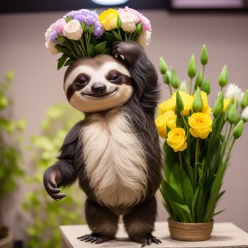 stuffed slotty with flowers on its head standing on a table next to a vase of flowers and a plant