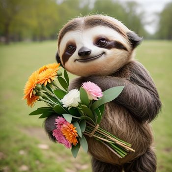 slotty holding a bouquet of flowers in its paws and smiling at the camera with a green field in the background