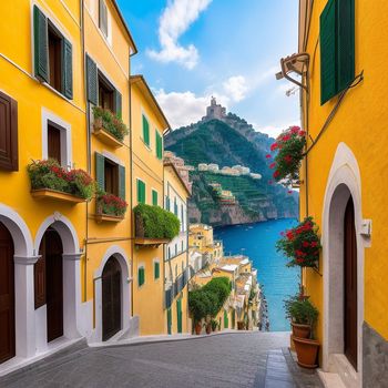 narrow street with a yellow building and a blue body of water in the background with a mountain in the distance