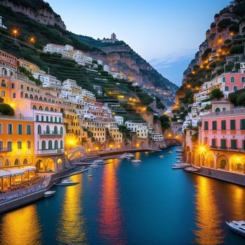 river running through a city next to a hillside covered with buildings and lights at night time with a boat in the water