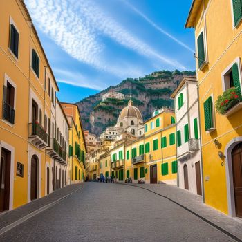 street with buildings and a mountain in the background with green shutters on the windows and a blue sky with wispy clouds