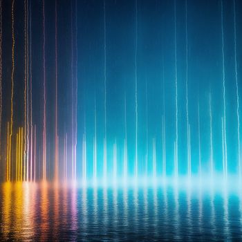 large number of lines of light reflecting off of the water in the background of a blue sky and water