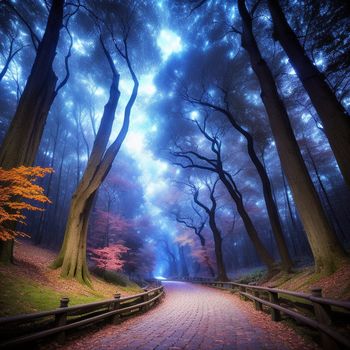 pathway in a forest with trees and a sky background with clouds and stars above it