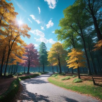 painting of a pathway in a park with trees and grass on both sides of it and a blue sky with clouds