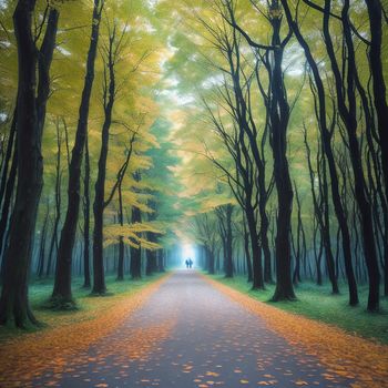 painting of a person walking down a road in the middle of a forest with trees and leaves on both sides