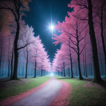 road in a park with trees and a bright light shining on the trees and the road is surrounded by pink leaves