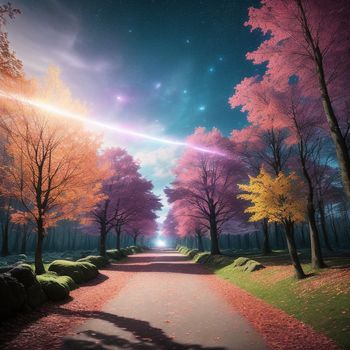 painting of a pathway with trees and a bright light shining down the middle of the road in the distance