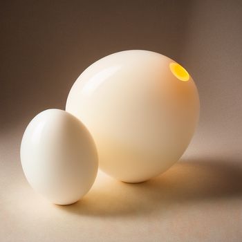 two white eggs sitting next to each other on a table top with a light shining on them and a shadow