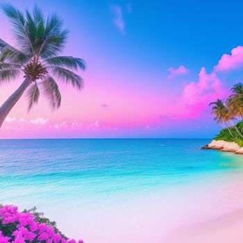 beach with a palm tree and a pink sky in the background and a blue ocean with pink flowers