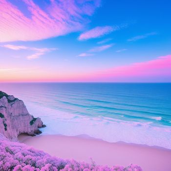 beach with a cliff and a pink sky above it and a blue ocean below it with pink clouds