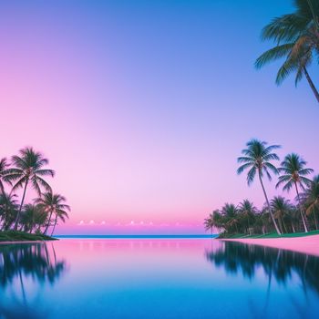 beautiful sunset with palm trees and a pool in the foreground with a pink sky and blue water