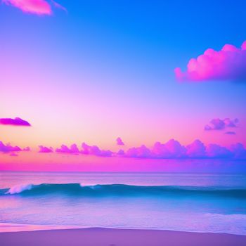 beach with a wave coming in to shore and a pink sky with clouds above it and a blue ocean