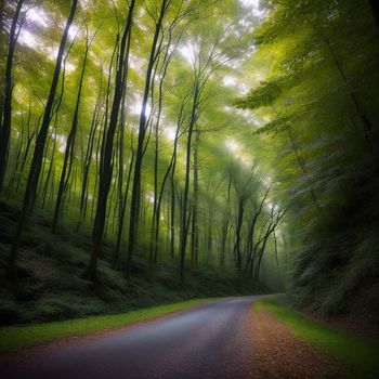 road in the middle of a forest with trees on both sides of it and a green forest on the other side