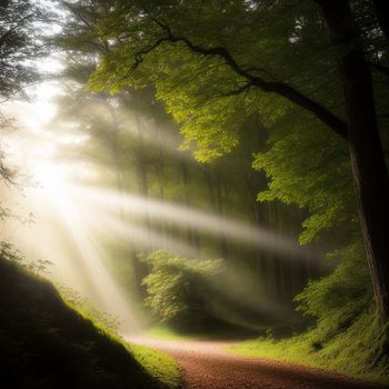 dirt road with a light beam coming from the trees on it in the middle of a forest with green grass and trees