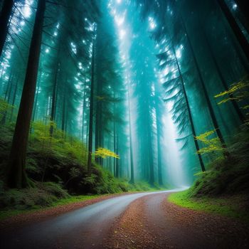 road in the middle of a forest with trees on both sides of it and fog in the air