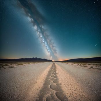 long road with a sky full of stars and a star trail in the middle of it