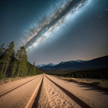 long exposure of a road with a sky full of stars and a shooting star in the distance with trees and mountains in the background