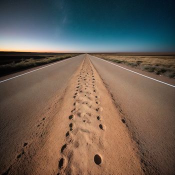 long road with a few footprints on it and a sky background with stars and a few clouds in the distance