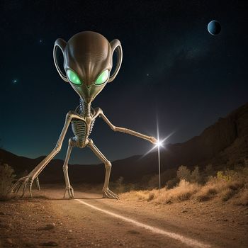 strange looking alien walking across a dirt road at night with a light on its head and glowing eyes