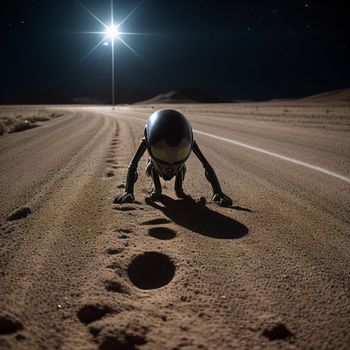 person wearing a helmet and standing on a road with their feet in the sand and a star above