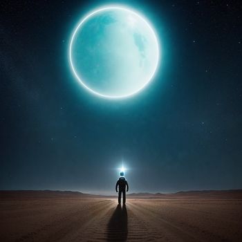 man standing in the middle of a desert under a large blue moon with a bright halo above him