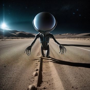 strange alien walking across a desert road at night with a bright light shining on the horizon behind him