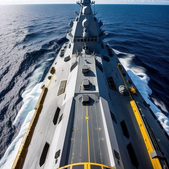 large ship sailing across the ocean on a sunny day with a blue sky and clouds above it and a yellow line on the deck