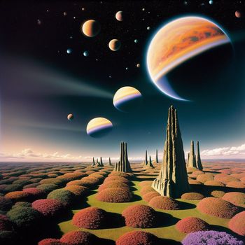 painting of planets and a landscape with trees and bushes in the foreground and a distant planet in the background