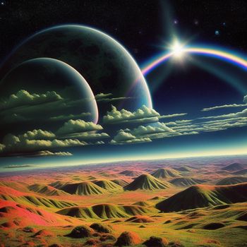 painting of two planets in the sky with mountains and a rainbow in the background with a rainbow in the sky