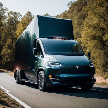 green tesla semi truck driving down a road in the woods with trees in the background and a bright light on the side of the truck