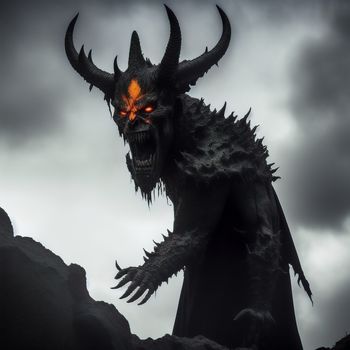 demonic demon with glowing eyes and horns on a rocky hill side with dark clouds in the background and a dark sky