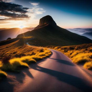 winding road in the middle of a mountain range at sunset with the sun shining down on the mountain