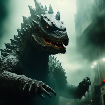 godzilla is standing in the fog in a city street with a building in the background and a red light on its face