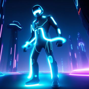 man in a futuristic suit standing in a futuristic city at night with neon lights on his body and head