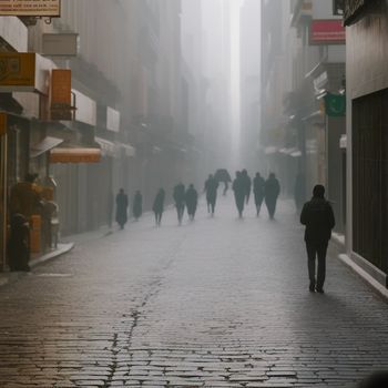 group of people walking down a street in the foggy day time