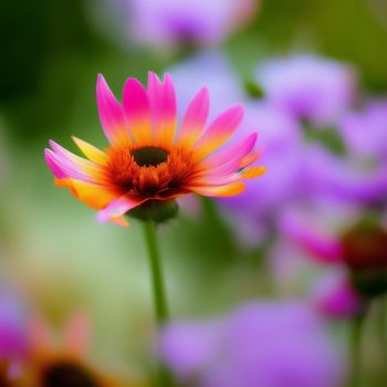 pink and orange flower with purple flowers in the background and a blurry background of purple flowers in the foreground