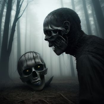 creepy skeleton and a creepy skeleton in a forest with trees and grass