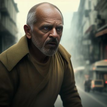 man with a beard and a brown shirt on a city street with a bus in the background and a bus in the foreground