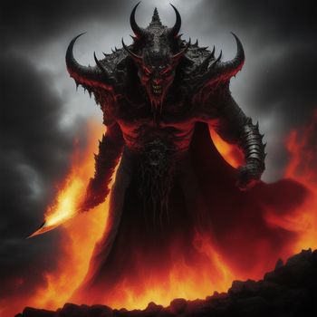 demonic demon standing in front of a fire filled sky with a demon like face on it's chest