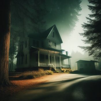 house in the middle of a forest with fog on the ground and trees around it