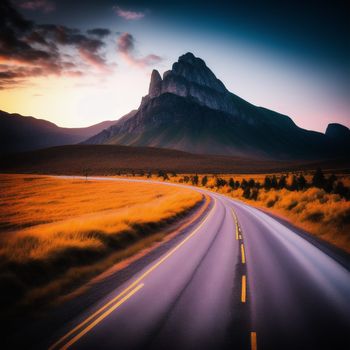 road with a mountain in the background at sunset with a purple sky and yellow grass in the foreground