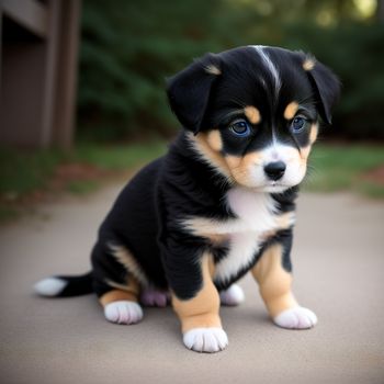 puppy sitting on a sidewalk with a blue eye looking at the camera with a smile on its face