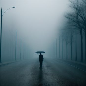 person walking down a street holding an umbrella in the foggy weather with trees lining the street behind them