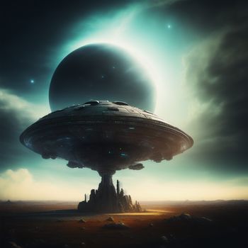 large alien ship floating over a city on top of a desert field under a cloudy sky with a sun