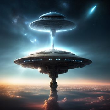 futuristic flying saucer in the sky with a bright light coming from it's center and a bright light coming from the top